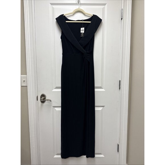 Lauren Ralph Lauren Column Gown Size 12 Black Off Shoulder Side Slit Dress NEW - Picture 5 of 14